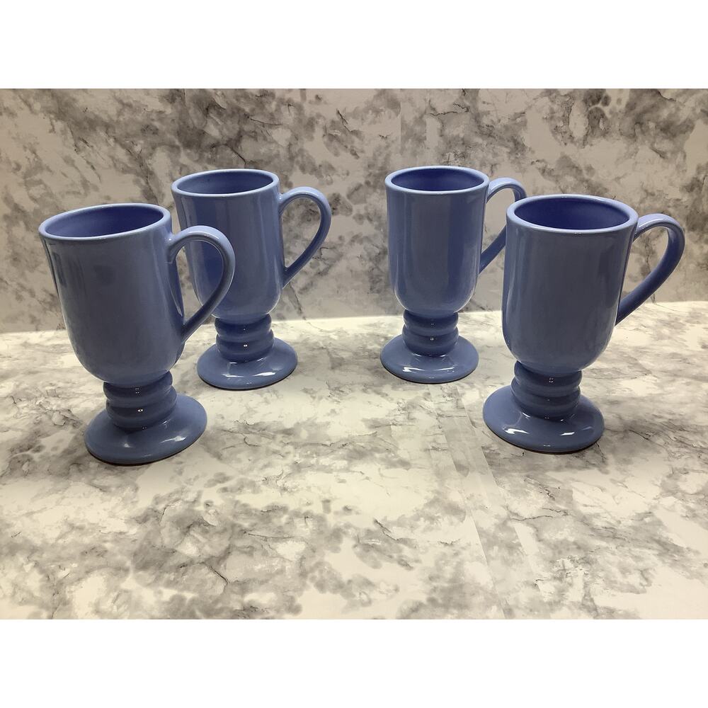 Vintage Country Blue Ceramic Footed Mugs - Set of 4 - 12 Ounce - Preowned